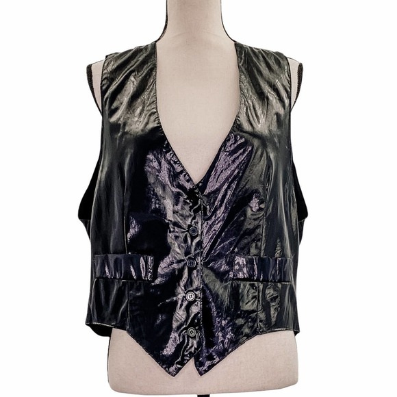 ALYSSA Solid Black Faux Leather Sleeveless Button Down Vest - Picture 2 of 11